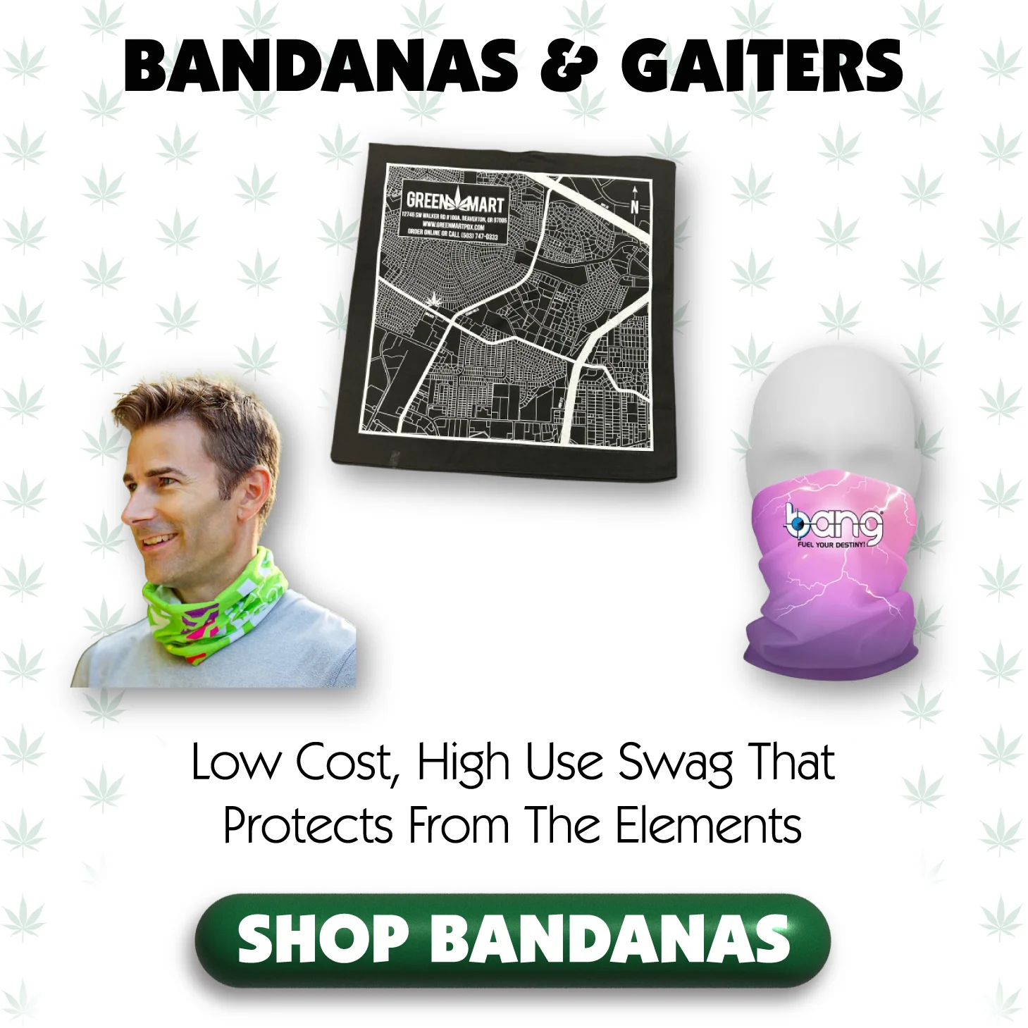 Examples of Custom Imprinted Bandanas and Neckwear for Cannabis Businesses and Dispensaries, including Neck Gaiters, Cooling Neck Ties, and More, Made by Higher Promos