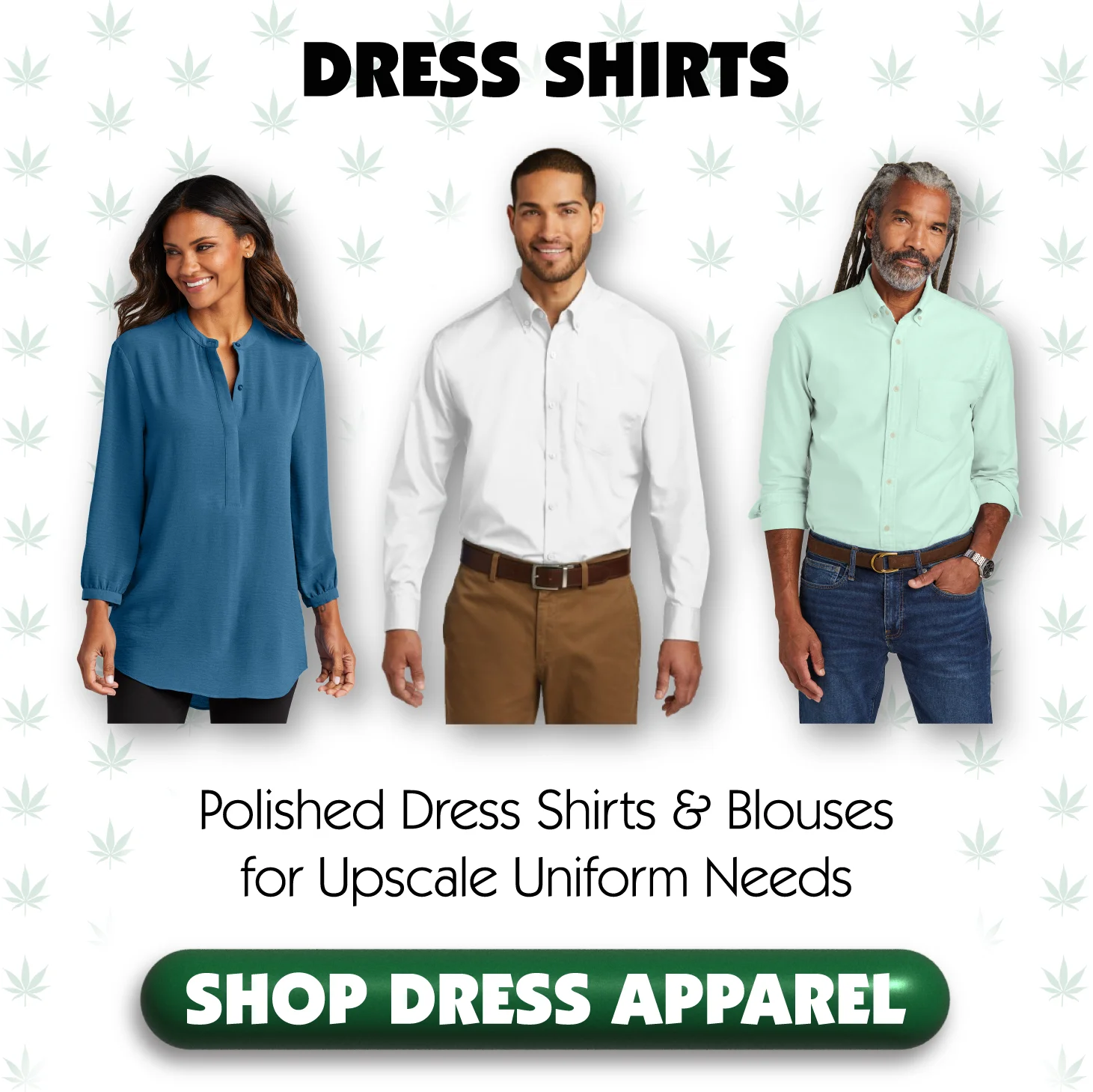 Examples of Custom Imprinted and Embroidered Button Down Dress Shirts and Blouses for Cannabis Businesses and Dispensaries, Made by Higher Promos